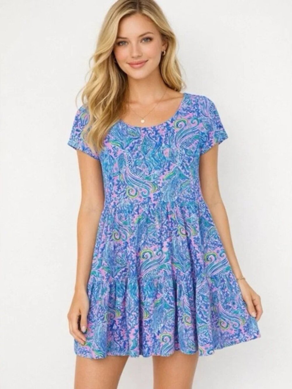 Lilly Pulitzer Women L Geanna Swing Dress Short Sleeve Tiered We Mermaid It Mini